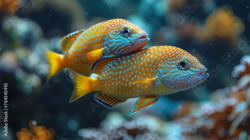  A pair of azure and amber fish gracefully gliding in a spacious tank brimming with vivid coral reefs