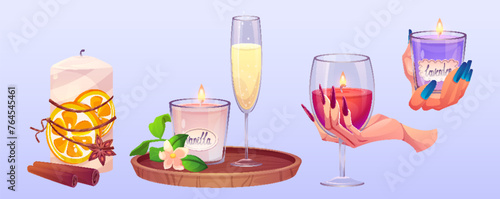 Scented candle for spa aroma therapy. Cartoon vector illustration set of aromatic wax candlelight in glass holder and in women hands, lavender and vanilla flavor, with cinnamon and orange decorations.