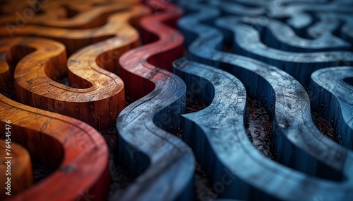 A closeup of a colorful wood maze, creating an artistic pattern, resembling a landscape. The maze is made of different colored wood and metal pieces
