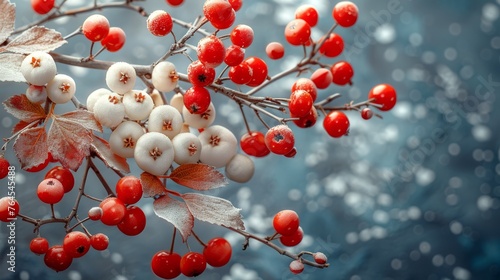  A close-up of red berries on a leafy branch, against a blue sky and falling snow
