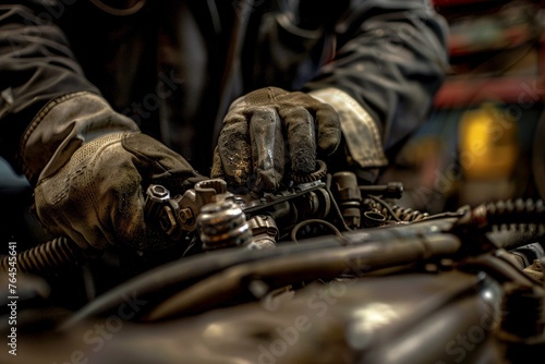 Close-up of mechanic hands repairing car engine in auto repair shop 