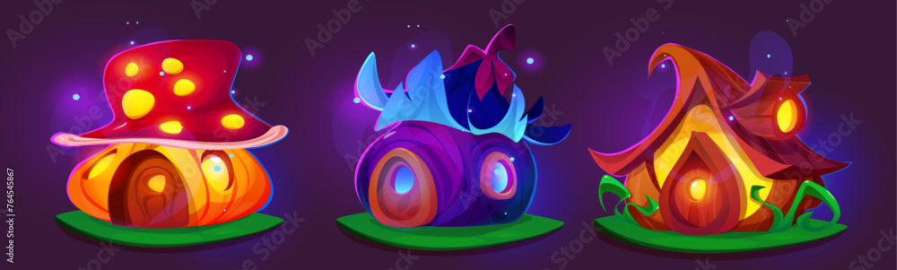 Magic tiny house of elf or animal with light from windows. Cartoon vector set of fantasy gnome home made pf mushroom, flower and wood on grass island. Fairy tale garden or forest fantastic hut. - obrazy, fototapety, plakaty 