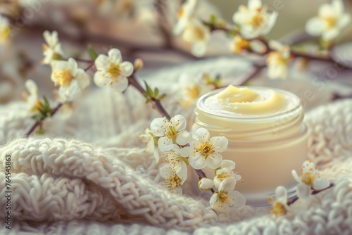 Creamy face cream in jar with blooming branches on knitted background 