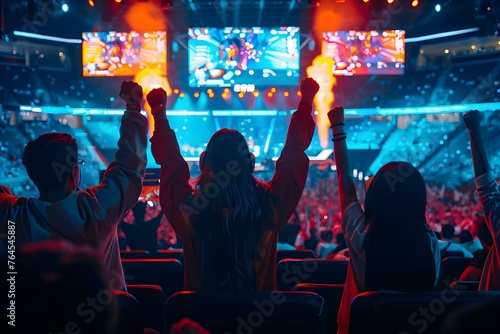 Vibrant Esports Arena: Fans Cheering, Colorful LED Lights, and Players Competing on Stage. Concept Esports Events, Competitive Gaming, Spectator Excitement, Colorful Lighting, Player Performance