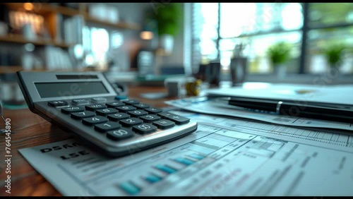 Spreadsheet calculator and charts on a desk, depicting tax, mortgage, debt, and household finances. Animated 3D illustration