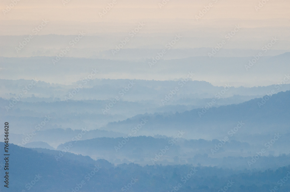 Hazy Morning Overlook at Shenandoah National Park along the Blue Ridge Mountains in Virginia