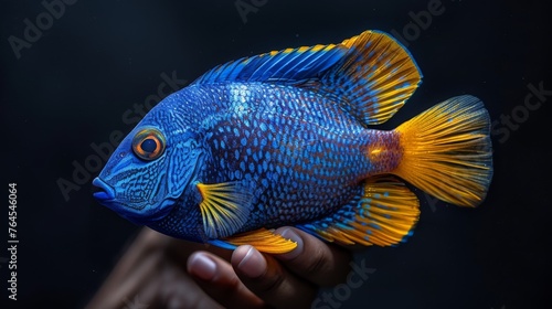  close-up photo of a vibrant blue and yellow fish held in a person's hand against a dark backdrop