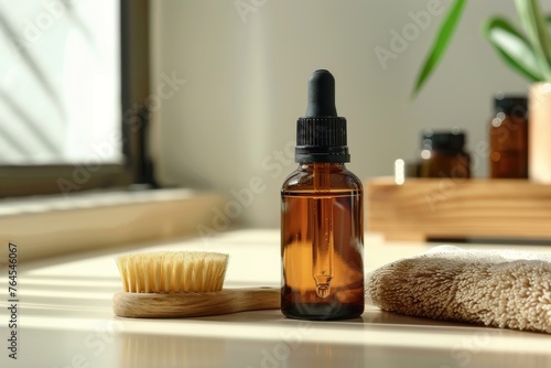 Essential oil and lotion in a glass bottle, towel and brush on the table.