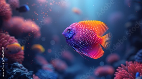  Close-up photo of fish in aquarium surrounded by colorful coral reefs below