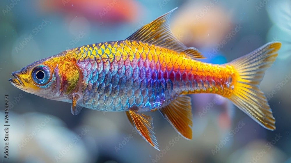A high-resolution image of a vibrant yellow and azure fish, with multiple other fish swimming in the background, taken at eye level within an aquarium setting A high-resolution image of a vibrant yellow and azure fish, with multiple other fish swimming in the background, taken at eye level within an aquarium setting