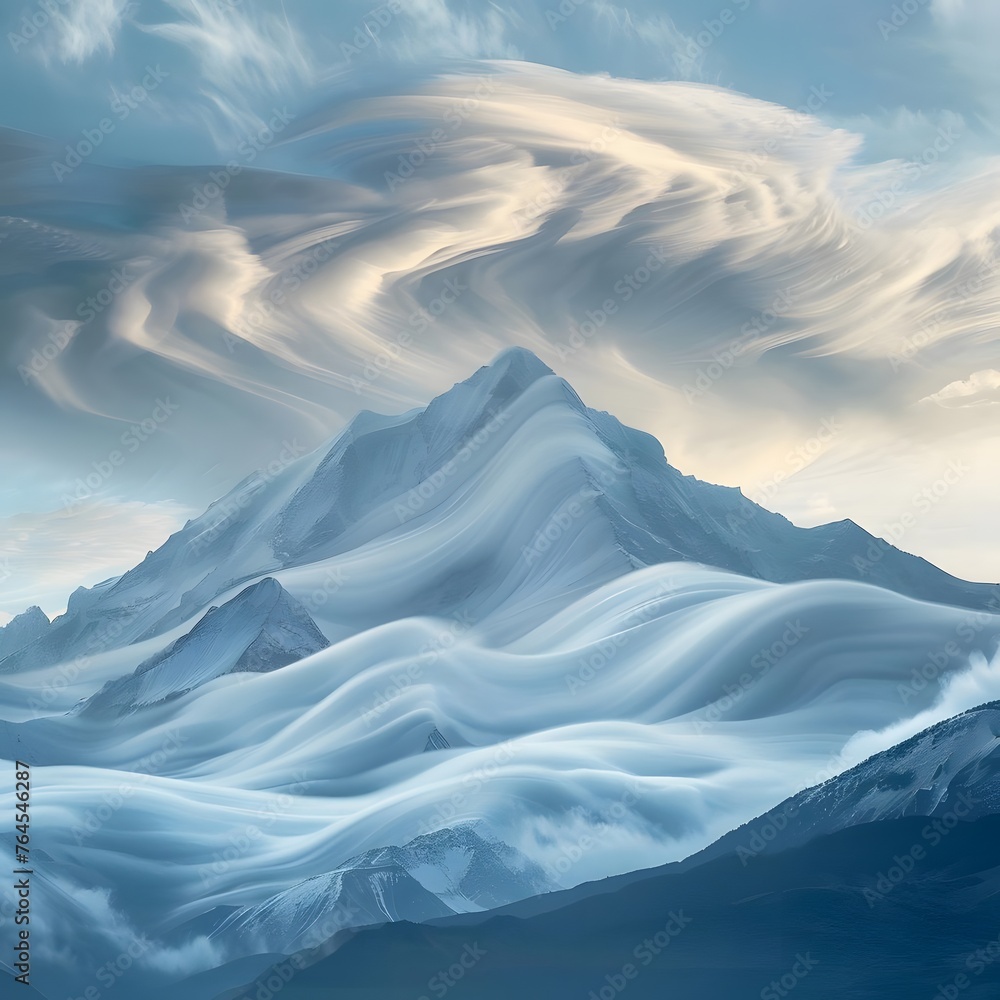 Beautiful landscape of a towering mountain enveloped by dynamic clouds, blending nature's grandeur with a touch of mystique.