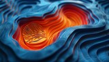 A close up of a sculpture featuring a hole in the middle showcasing swirling water in shades of electric blue and orange, resembling a geological phenomenon with wind wave patterns