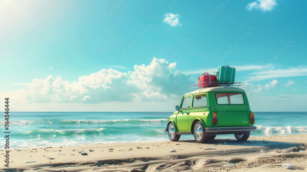 Green car with luggage on the roof on the beach. A photo card for a summer vacation at the sea or the ocean coast


