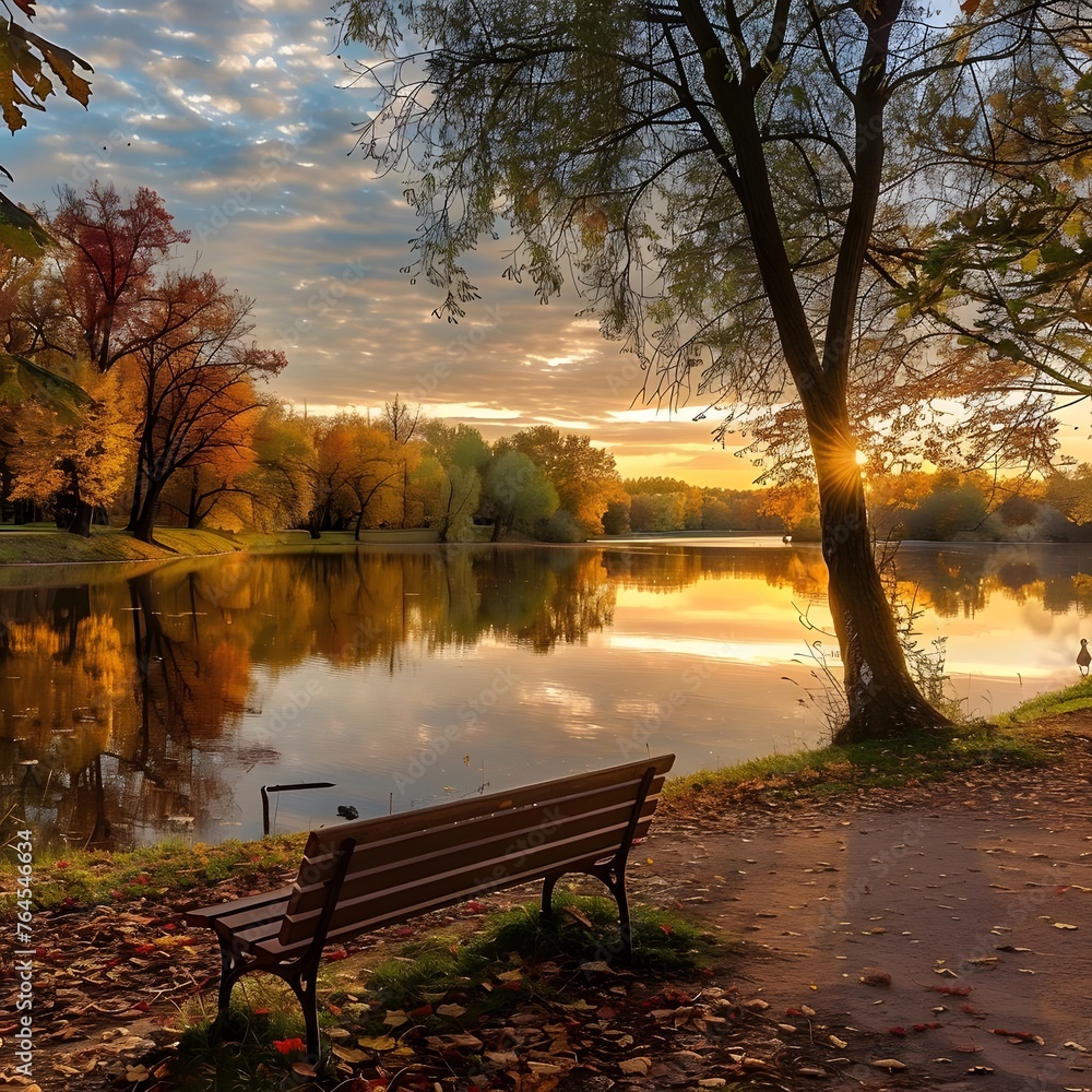 Tranquil park setting during sunset with colorful autumn trees, a winding path, and a peaceful lake reflecting the warm sky hues.