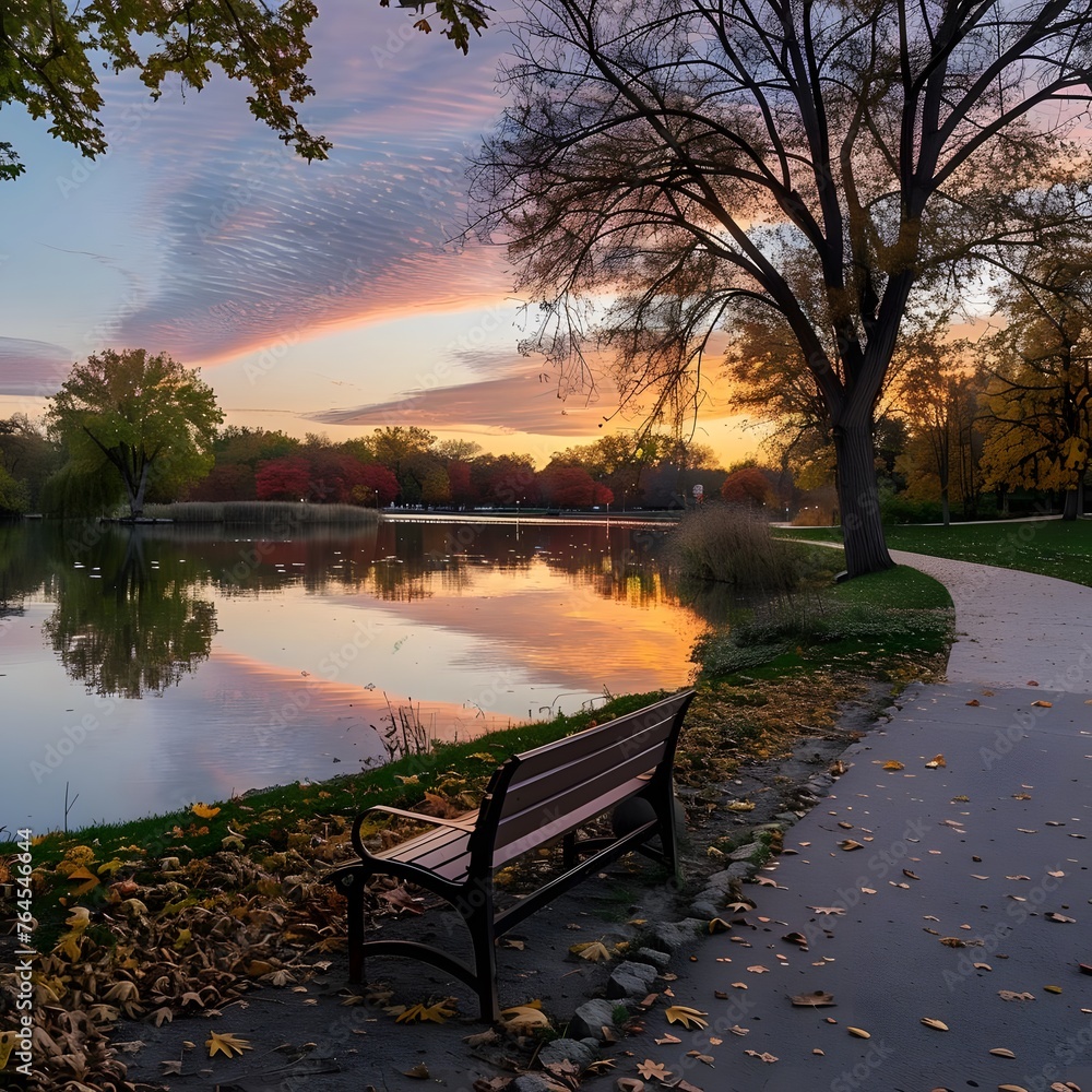 Obraz premium Tranquil park setting during sunset with colorful autumn trees, a winding path, and a peaceful lake reflecting the warm sky hues.