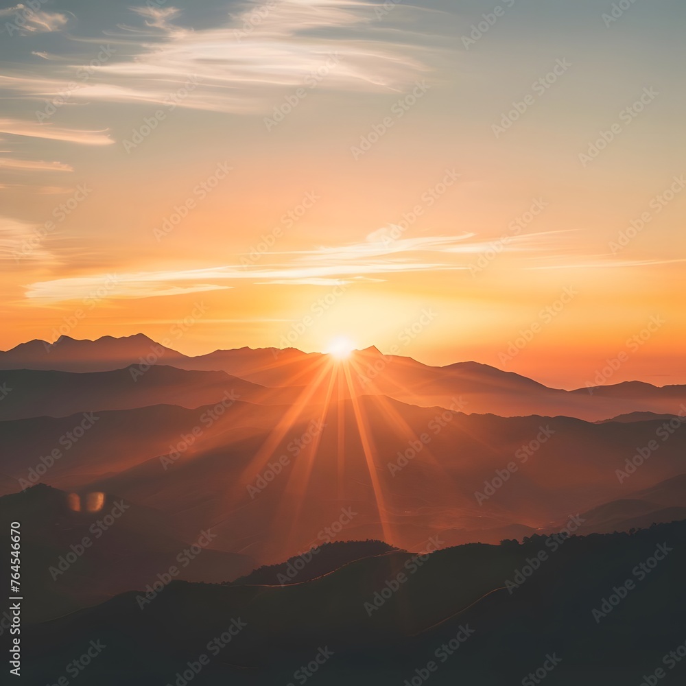 Scenic view of a sunset in the mountains, showcasing warm hues and long shadows in the serene landscape.