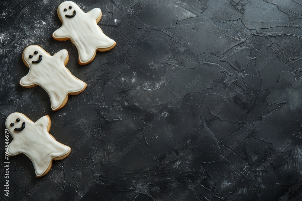 Fototapeta premium Halloween cookies ghost side view on dark table, top view. Sweets for children for Halloween.