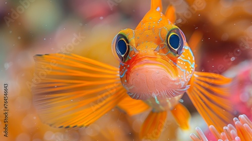  A goldfish with blue eyes, close-up, orange coral background, looking at camera