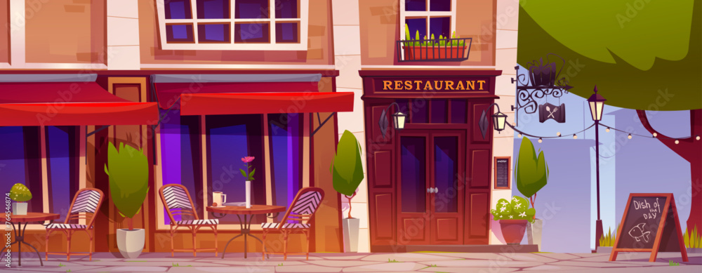Cartoon restaurant outside eating area with coffee cup on table, chairs and decorative plants in pots near large windows and red door of cafe exterior. Terrace on sidewalk near building in city. - obrazy, fototapety, plakaty 