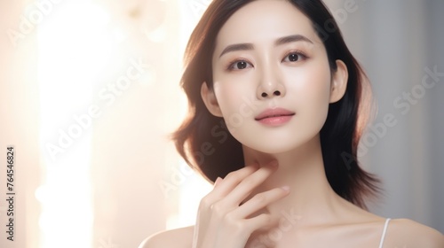 Japanese 30-40 years old woman with smooth healthy face skin. Skincare commercial portrait. Chinese, Korean asian woman touch face. Beauty and cosmetics skincare advertising concept