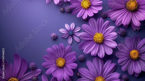  A group of purple flowers with yellow centers on a purple background, with a yellow center at the center of each flower