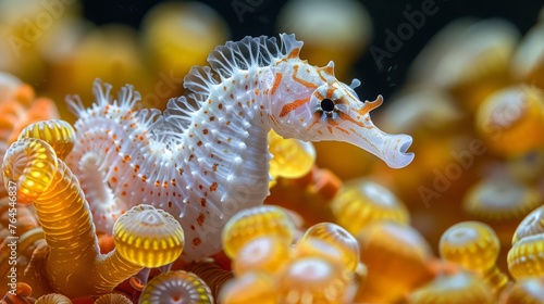  A close-up photo of a sea horse in a sea of yellow and orange seashells, with a small black spot on its head © Mikus