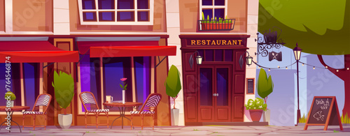 Cartoon restaurant outside eating area with coffee cup on table, chairs and decorative plants in pots near large windows and red door of cafe exterior. Terrace on sidewalk near building in city.
