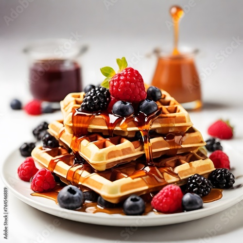 Waffles with berry fruit and caramel sauce on plate, for International Waffle Day on March 25