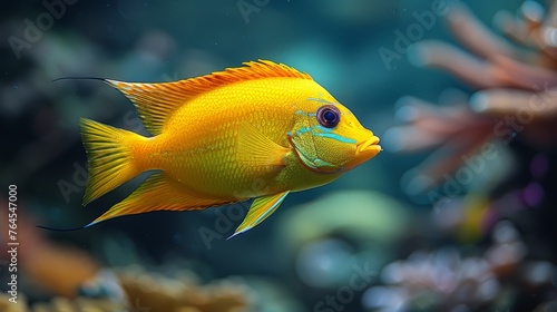  A macro image of a sunny lemon fish swimming amidst colorful corals against a clear water backdrop