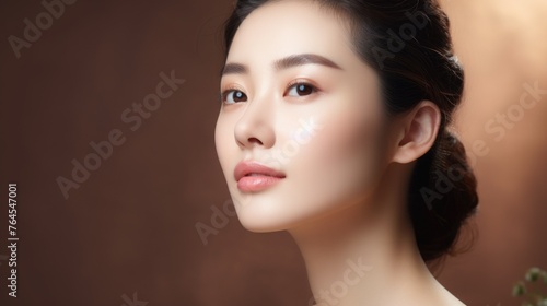 Japanese 30-40 years old woman with smooth healthy face skin. Skincare commercial portrait. Chinese, Korean asian woman touch face. Beauty and cosmetics skincare advertising concept