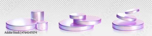 3D set of holographic round and cylinder shape objects isolated on transparent background. Vector realistic illustration of abstract geometric design elements stack with iridescent glossy surface