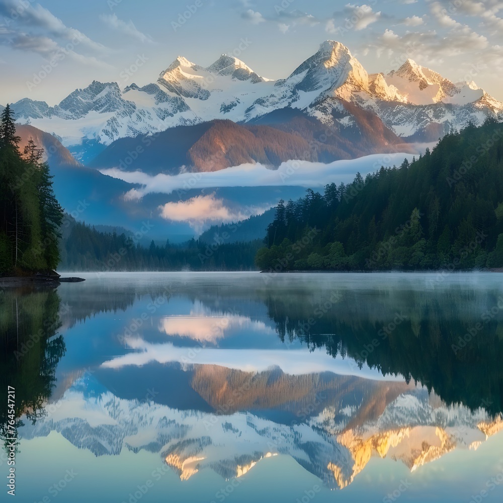 Beautiful view of snow-capped mountains reflecting in a serene lake at sunrise.