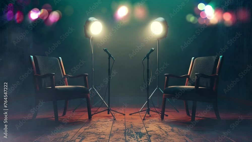 Vidéo Stock Two chairs are softly lit, each with a microphone ...