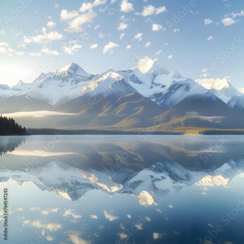 Beautiful view of snow-capped mountains reflecting in a serene lake at sunrise.