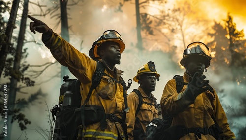 A squad of firefighters, wearing helmets, stands in front of a raging forest fire. The scene resembles a dramatic event from an action film or adventure game