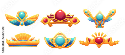 Egyptian game ui icon of border or divider. Cartoon vector illustration set of treasure ancient Egypt frame asset made of gold with red and turquoise gem stones. Pharaoh golden ornament and jewelry.