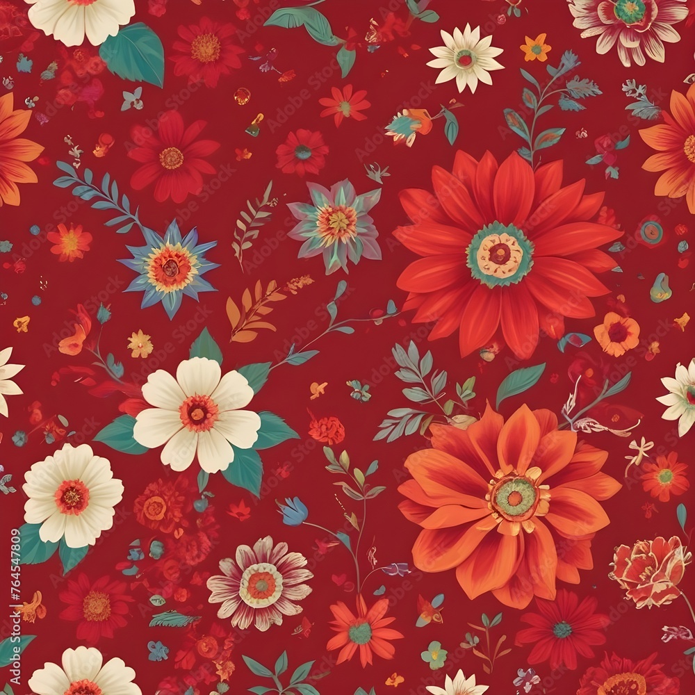 Digital red and blue all over floral prints pattern design art work. Digital red and blue all over floral prints pattern design art work.