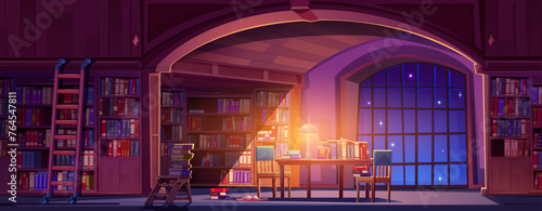 Old library interior at night. Vector cartoon illustration of dark room with vintage bookcases, many books on shelves, desk and floor, lamp light illumination, wooden ladder, starry sky view in window