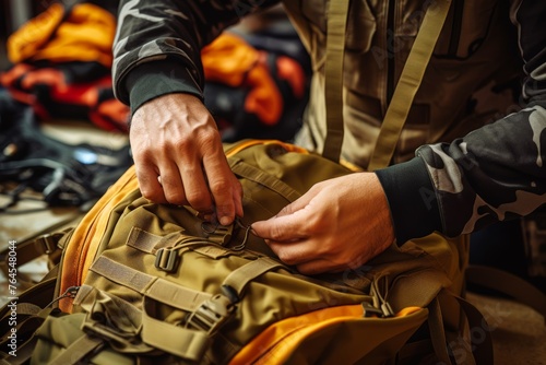  Detailed shot of hands adjusting the straps on a rucksack, preparing for a rucking exercise © Hanna Haradzetska