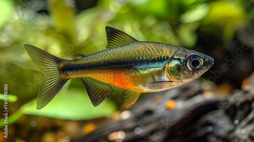  A macro shot of a fish in a terrarium surrounded by foliage in the background and clear water in the foreground
