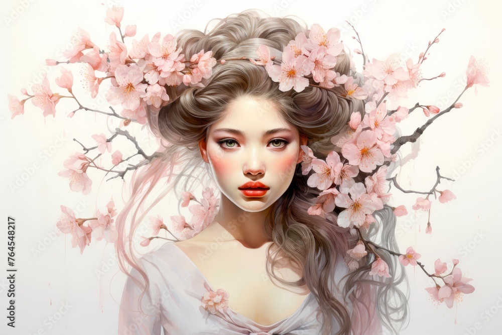 A young girl adorned with delicate blossoms, embodying the fragility and elegance of a cherry blossom tree.