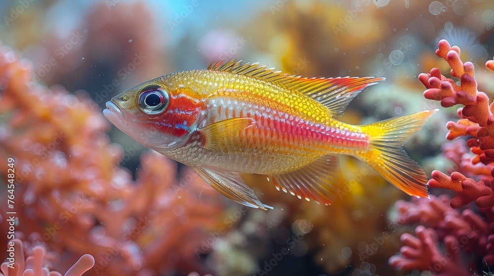 A fish close-up on a coral, surrounded by corals in water A fish close-up on a coral, surrounded by corals in water