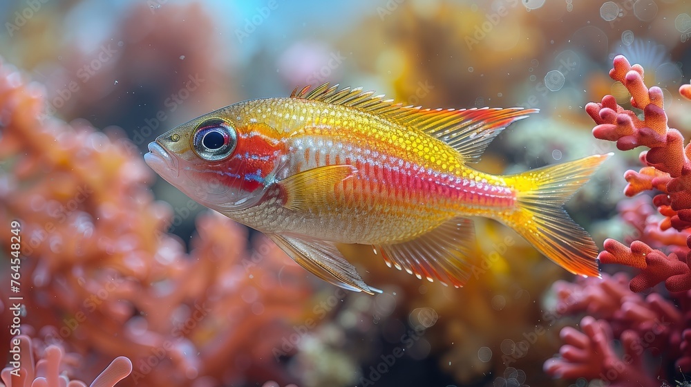  A fish close-up on a coral, surrounded by corals in water