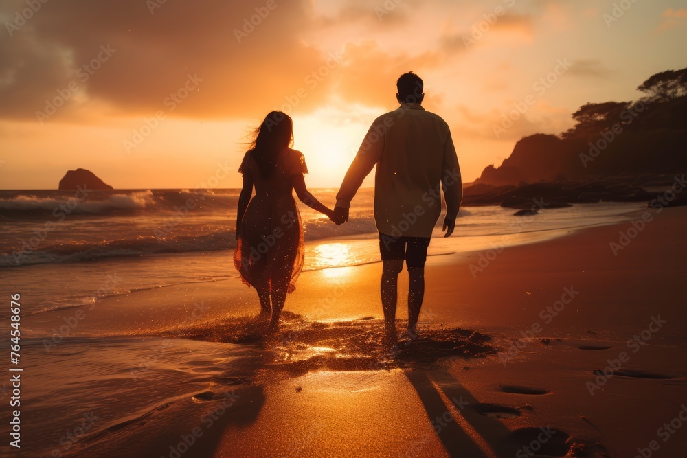 Man holding hands with their loved one on a beach at sunrise, captured in the summer.
