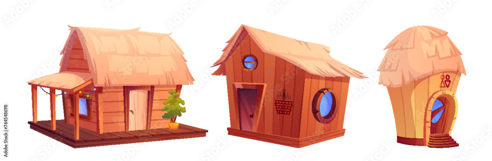 Beach house cartoon. Straw and wood island hut. Tropical bungalow and Hawaii tourism cottage set isolated on background. Caribbean lagoon architecture with window for summer ocean holiday to travel - obrazy, fototapety, plakaty 