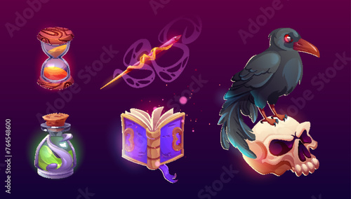 Wizard game icon with magic book ui set. Fantasy medieval halloween object with element for witchcraft. Alchemy potion bottle, skull, hourglass, raven and wand mystery asset design for hallowen app