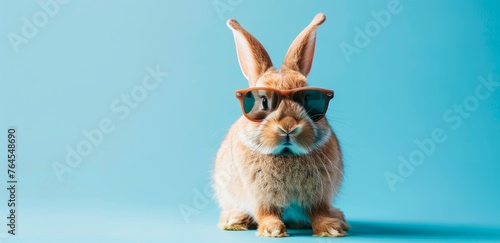 Happy smiling rabbit wearing colorful sunglasses on blue background with copy space for text