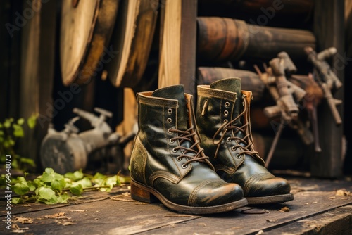 A pair of vintage-inspired lace-up boots, set against a rustic wooden background, blending nostalgia with modern style