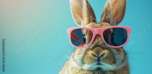 Happy smiling rabbit wearing pink sunglasses on a blue background