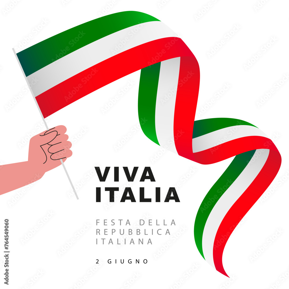 Obraz premium Human hand holds a long Italian flag on a stick. Viva Italia. Republic Day of Italy, June 2 - inscription in Italian.